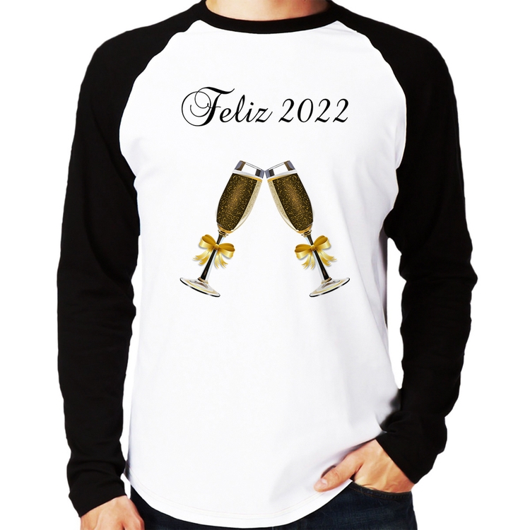 Camiseta Raglan Feliz 2022 Manga Longa