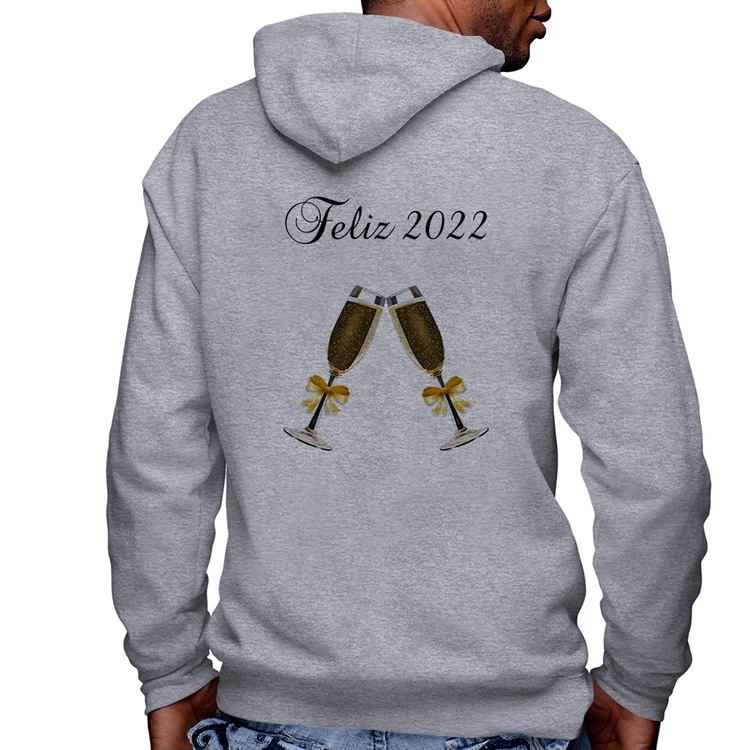Blusa Moletom Feliz 2022 Masculina com Capuz e Zíper - Mescla