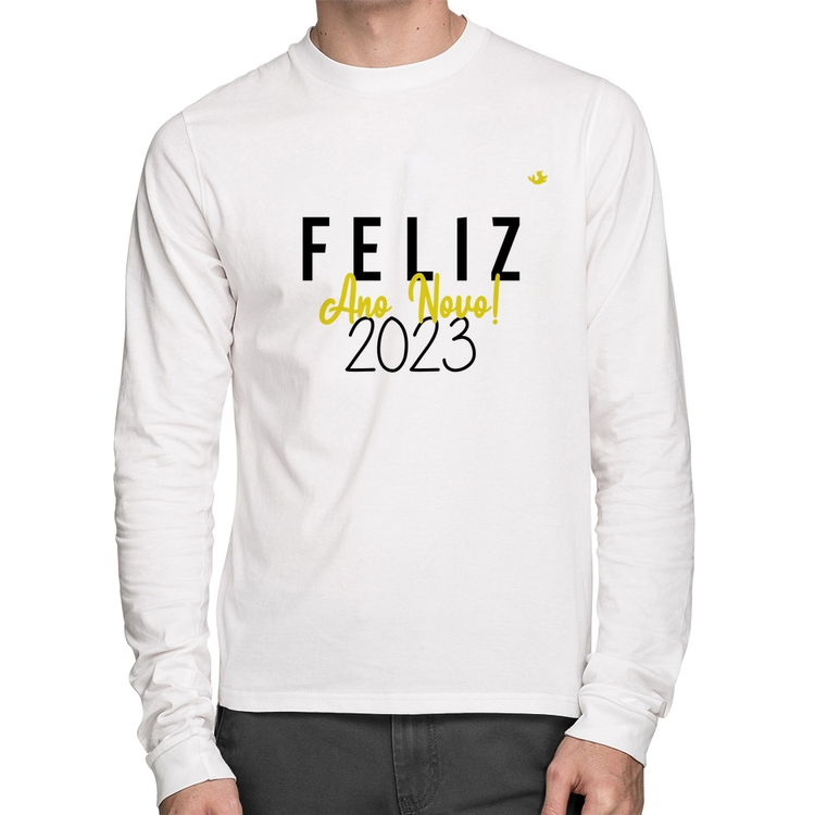 Camiseta Algodão Feliz Ano Novo 2023 Manga Longa - Branca