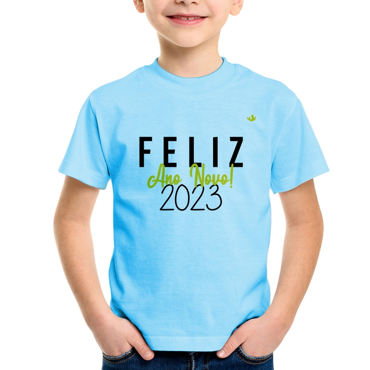 Camiseta Infantil Feliz Ano Novo 2023 - Azul Bebê