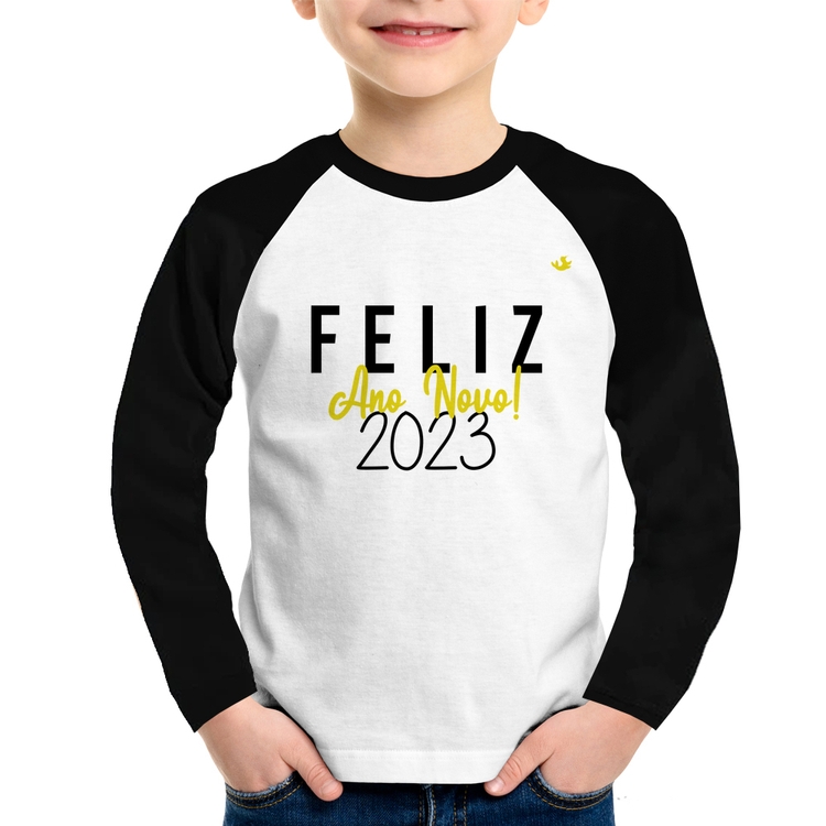 Camiseta Raglan Infantil Feliz Ano Novo 2023 Manga Longa