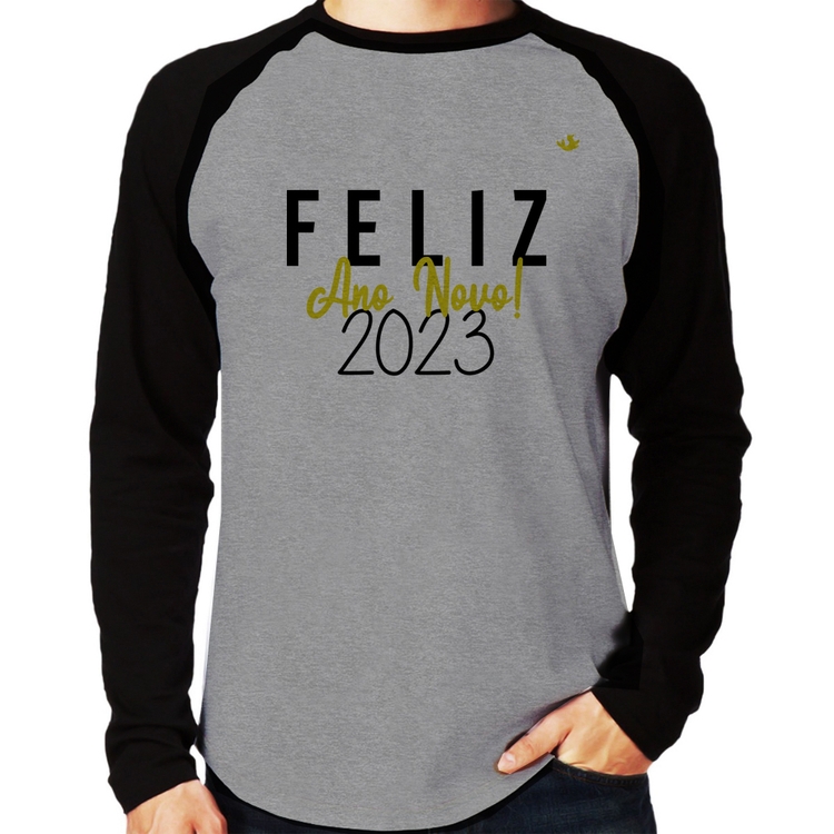 Camiseta Raglan Feliz Ano Novo 2023 Manga Longa - Cinza/Preto