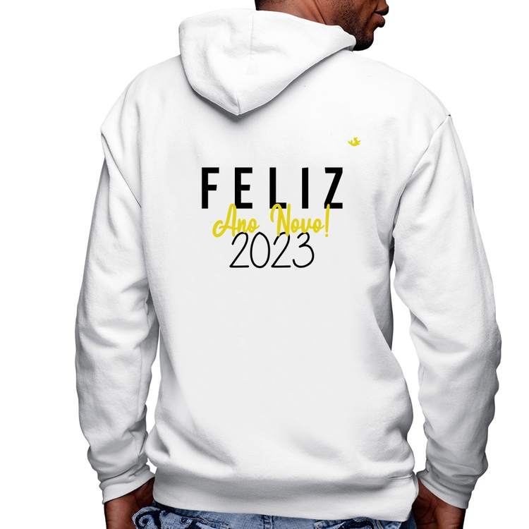 Blusa Moletom Feliz Ano Novo 2023 Masculina com Capuz e Zíper - Branca