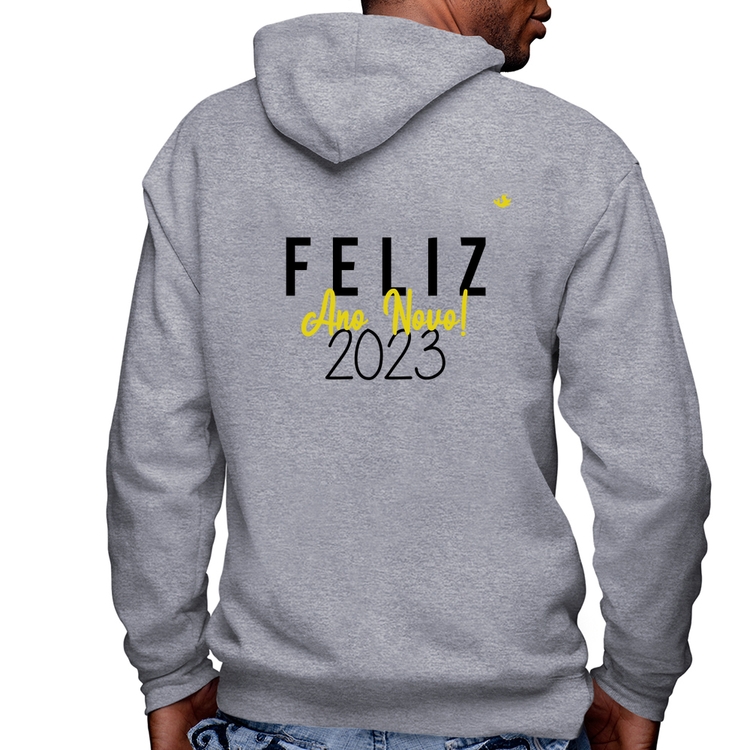Blusa Moletom Feliz Ano Novo 2023 Masculina com Capuz e Zíper - Mescla
