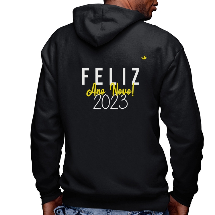 Blusa Moletom Feliz Ano Novo 2023 Masculina com Capuz e Zíper