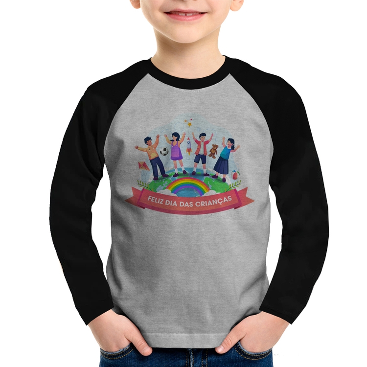 Camiseta Raglan Infantil Feliz Dia das Crianças Manga Longa - Cinza/Preto