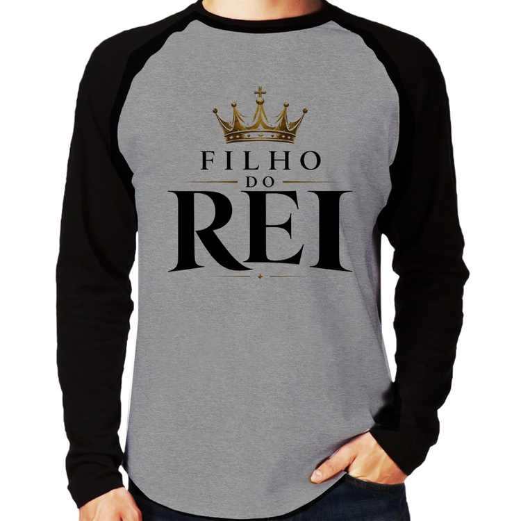 Camiseta Raglan Filho do Rei Manga Longa - Cinza/Preto