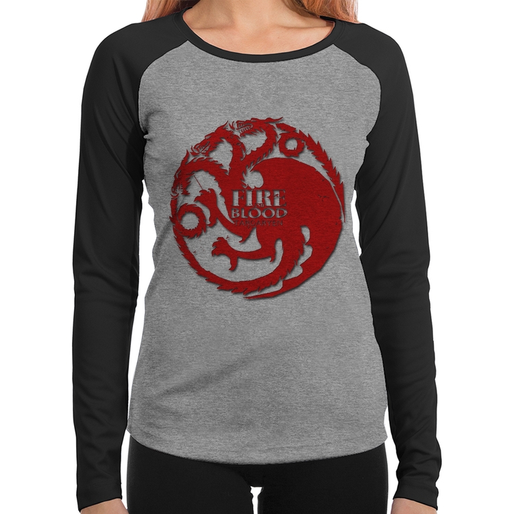 Baby Look Raglan Fire and Blood Targaryen Manga Longa - Cinza/Preto