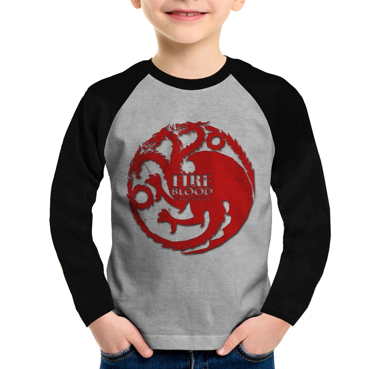 Camiseta Raglan Infantil Fire and Blood Targaryen Manga Longa - Cinza/Preto
