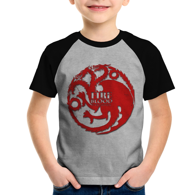 Camiseta Raglan Infantil Fire and Blood Targaryen - Cinza/Preto