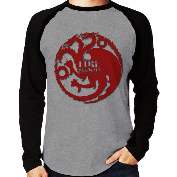Camiseta Raglan Fire and Blood Targaryen Manga Longa - Cinza/Preto