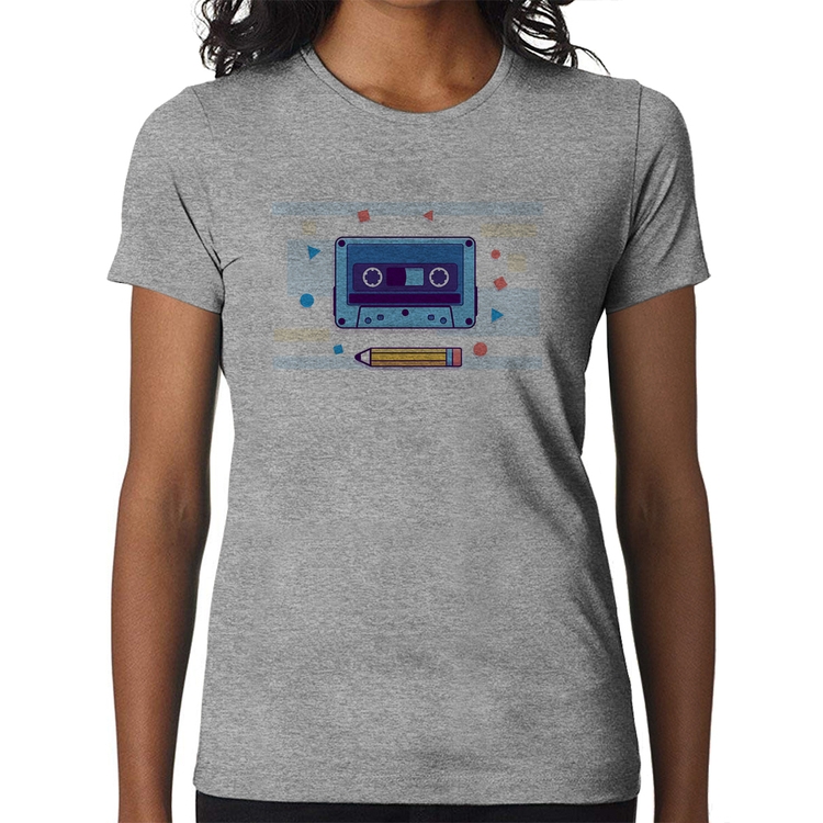 Baby Look Fita Cassete - Cinza