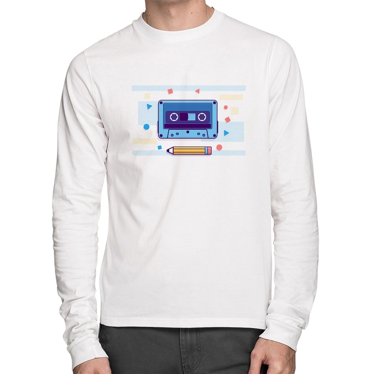 Camiseta Algodão Fita Cassete Manga Longa - Branca