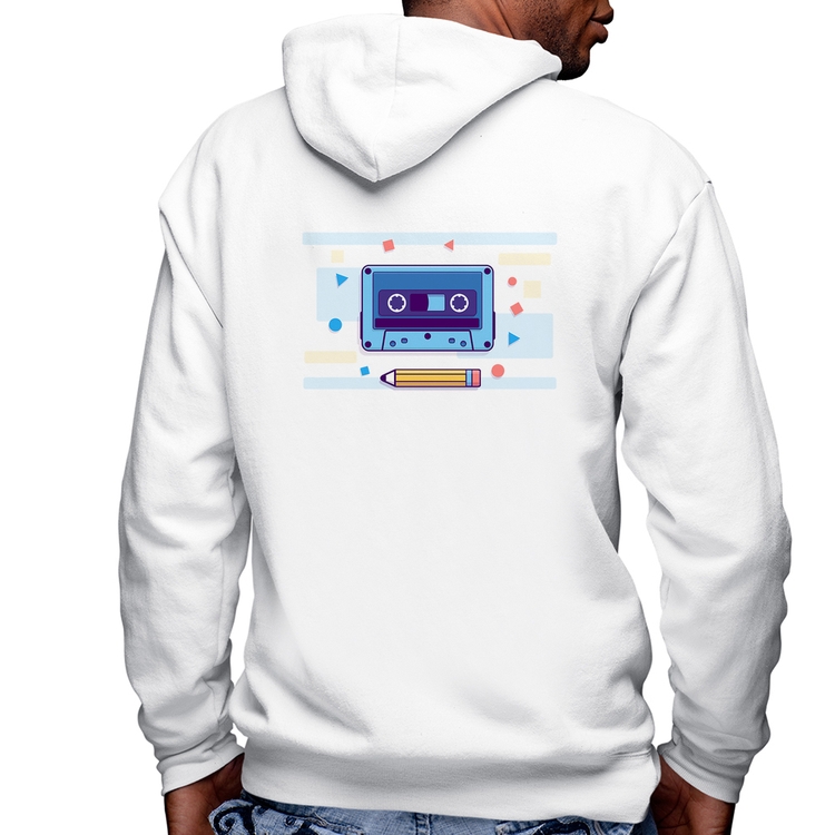 Blusa Moletom Fita Cassete Masculina com Capuz e Zíper - Branca