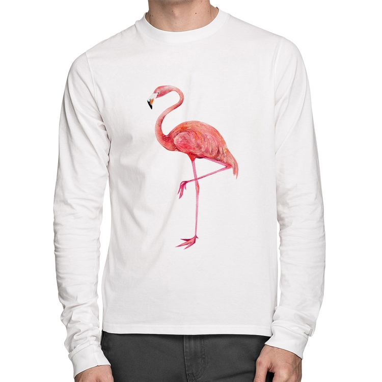 Camiseta Algodão Flamingo Manga Longa - Branca