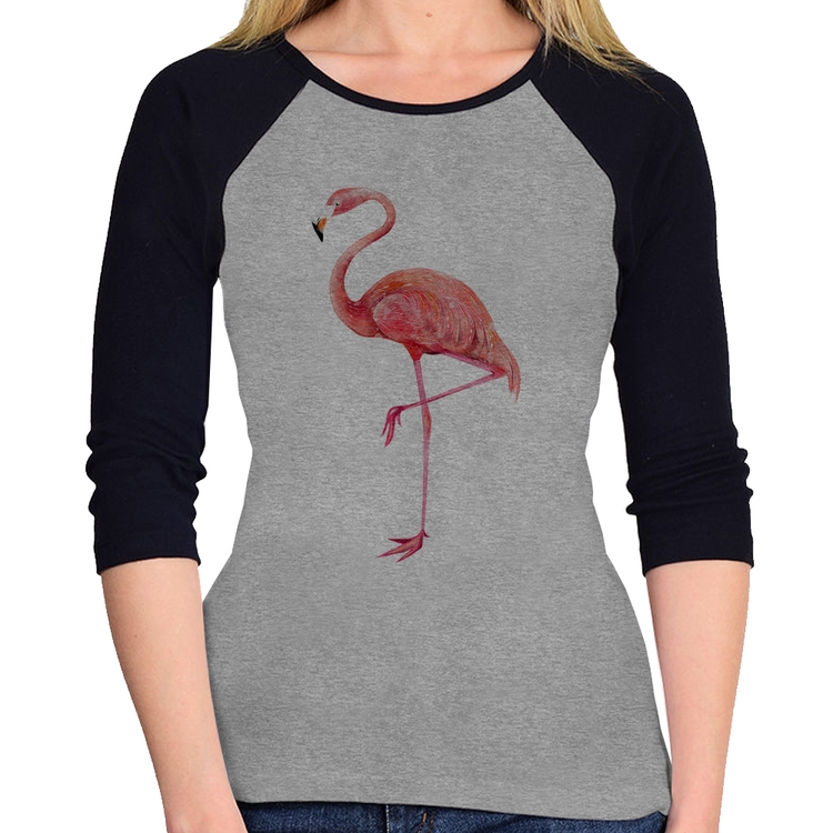 Baby Look Raglan Flamingo Manga 3/4 - Cinza/Preto