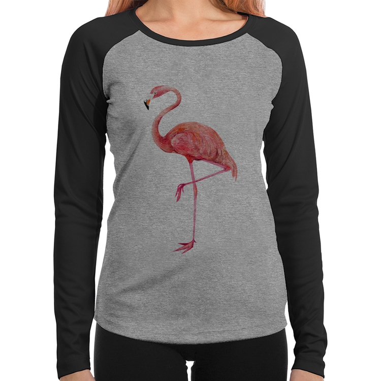 Baby Look Raglan Flamingo Manga Longa - Cinza/Preto