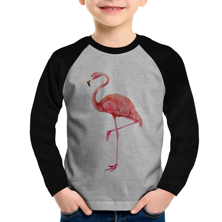 Camiseta Raglan Infantil Flamingo Manga Longa - Cinza/Preto