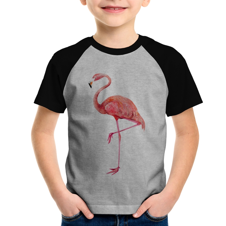 Camiseta Raglan Infantil Flamingo - Cinza/Preto