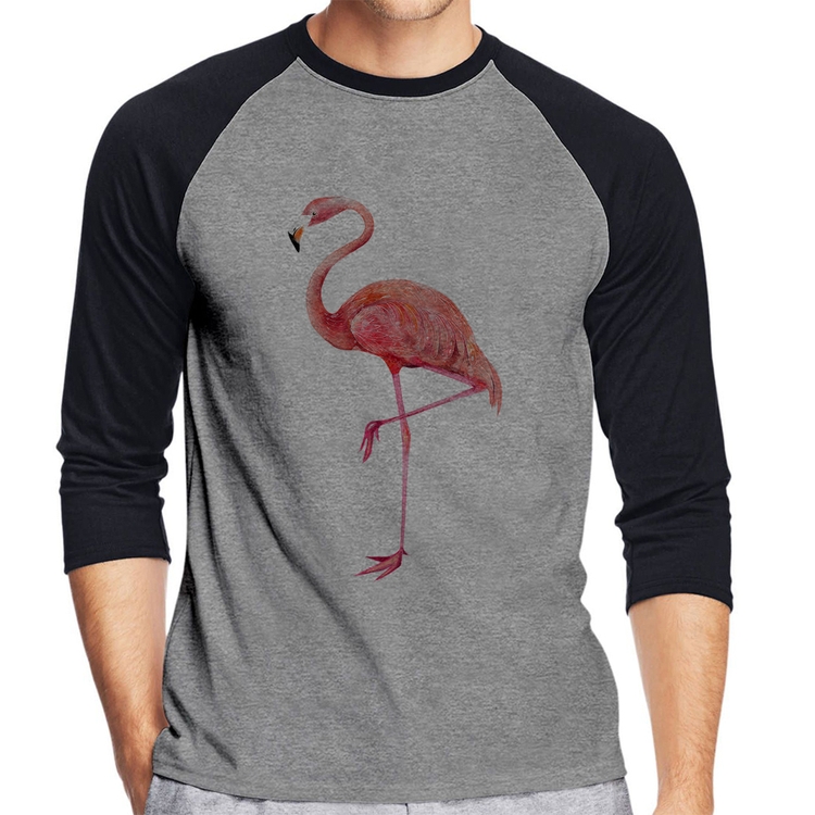 Camiseta Raglan Flamingo Manga 3/4 - Cinza/Preto