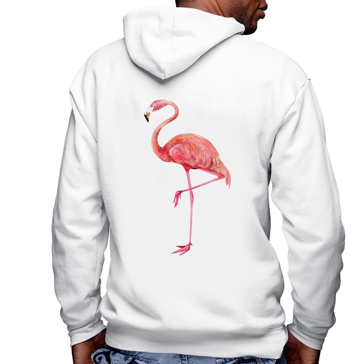 Blusa Moletom Flamingo Masculina com Capuz e Zíper - Branca