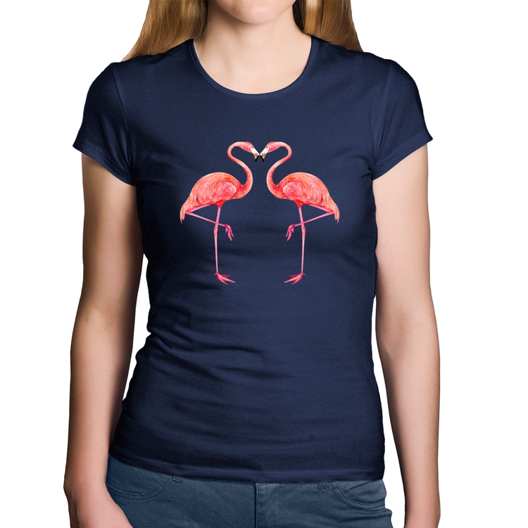 Baby Look Algodão Flamingos coração - Marinho