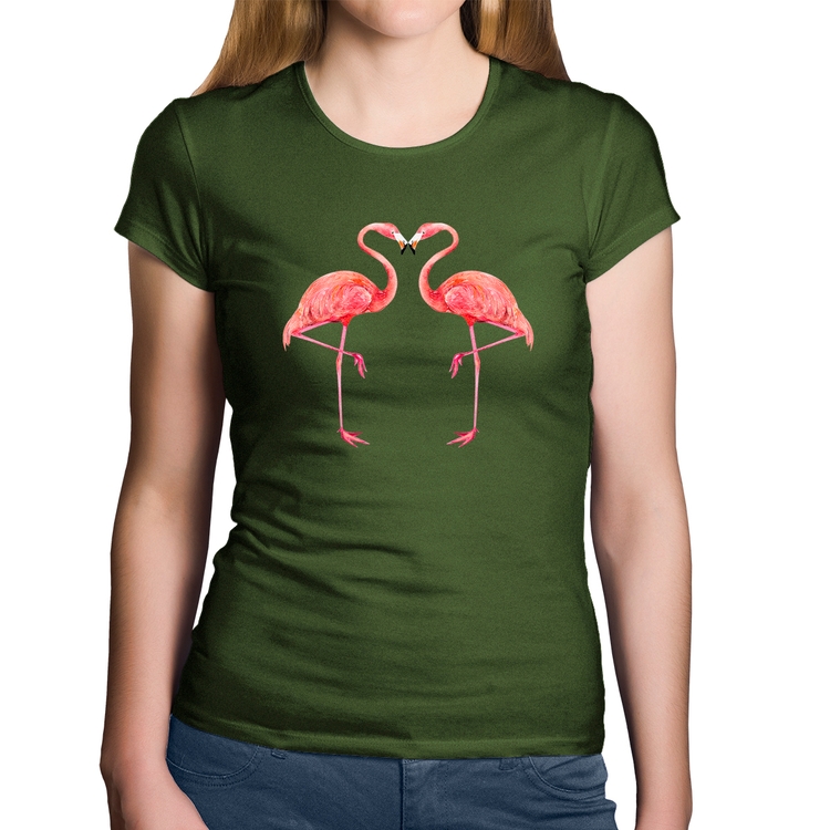 Baby Look Algodão Flamingos coração - Musgo