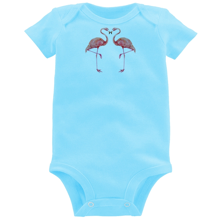 Body Bebê Flamingos coração - Azul Bebê