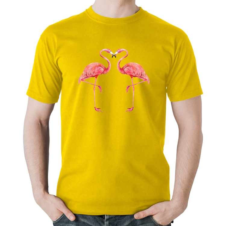 Camiseta Algodão Flamingos coração - Amarela