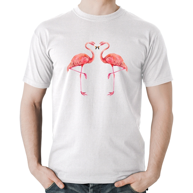 Camiseta Algodão Flamingos coração - Branca