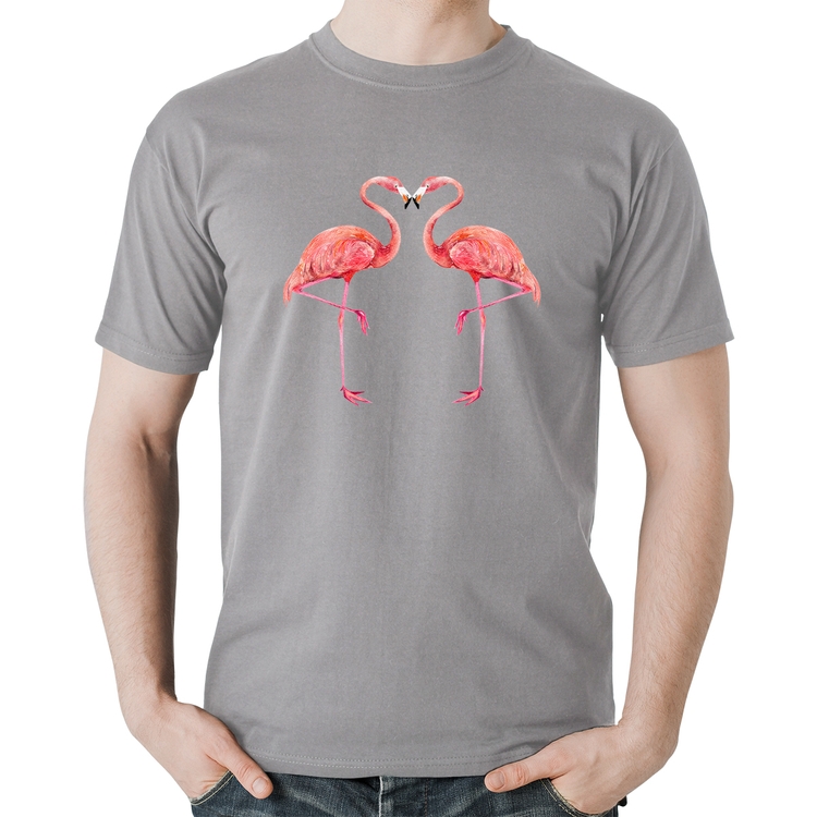 Camiseta Algodão Flamingos coração - Cinza