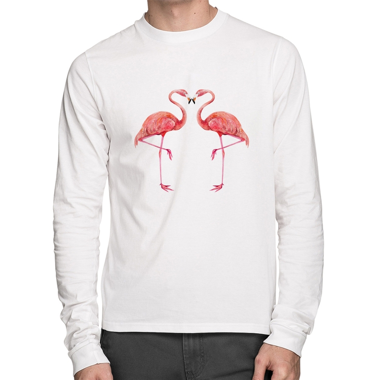 Camiseta Algodão Flamingos coração Manga Longa - Branca