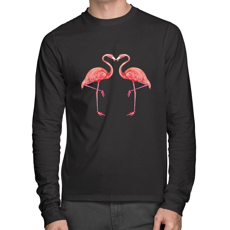 Camiseta Algodão Flamingos coração Manga Longa
