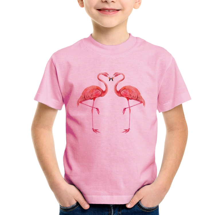 Camiseta Infantil Flamingos coração - Rosa Bebê