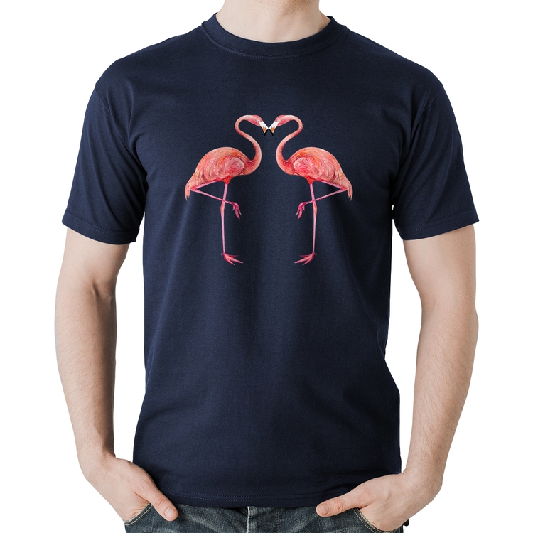 Camiseta Algodão Flamingos coração - Marinho