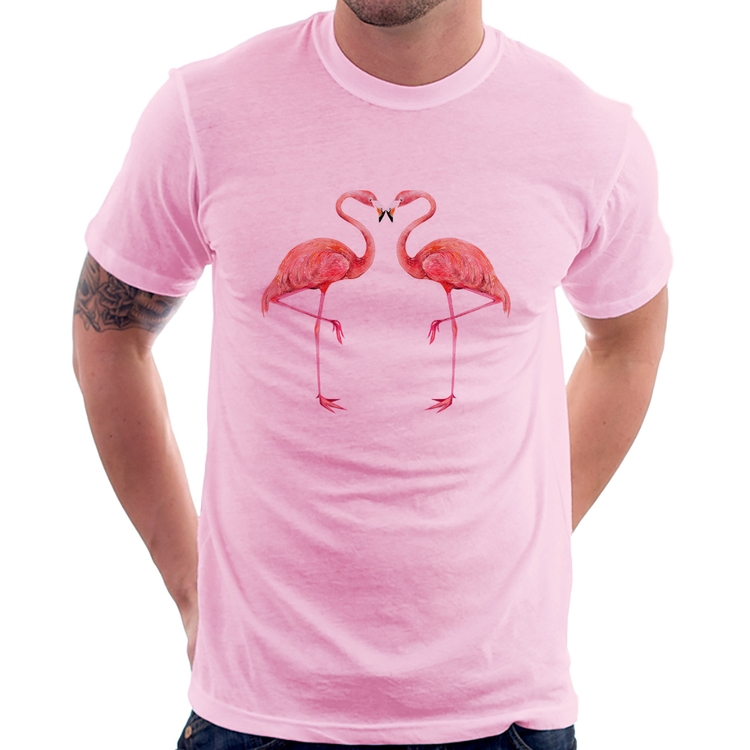 Camiseta Flamingos coração - Rosa Bebê