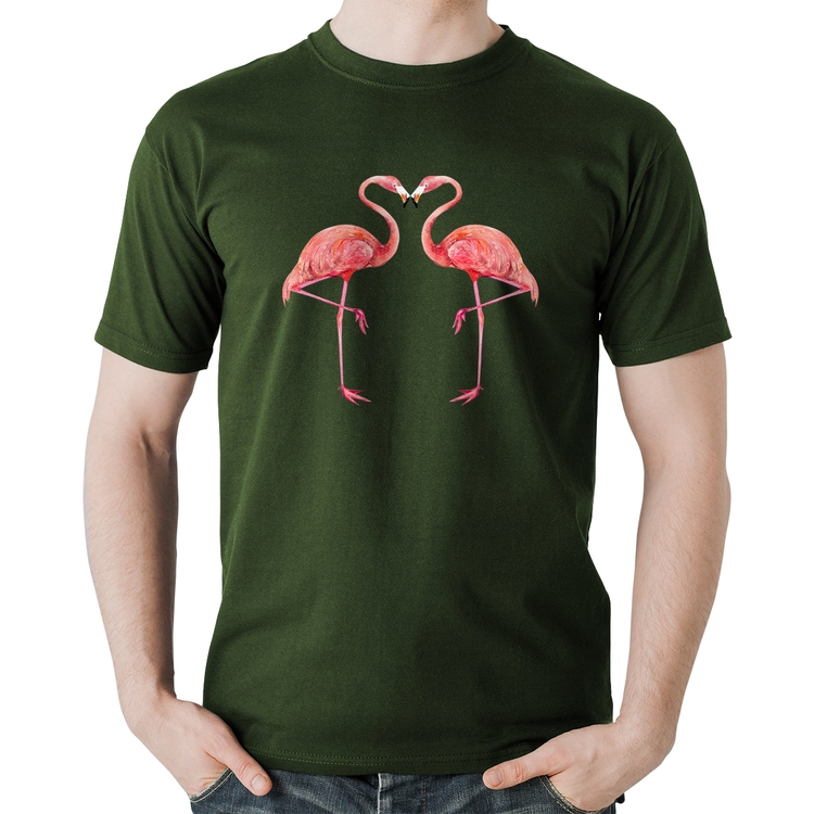 Camiseta Algodão Flamingos coração - Musgo