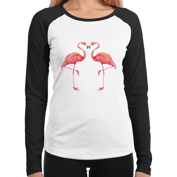 Baby Look Raglan Flamingos coração Manga Longa