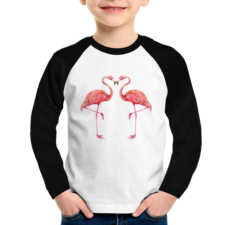 Camiseta Raglan Infantil Flamingos coração Manga Longa