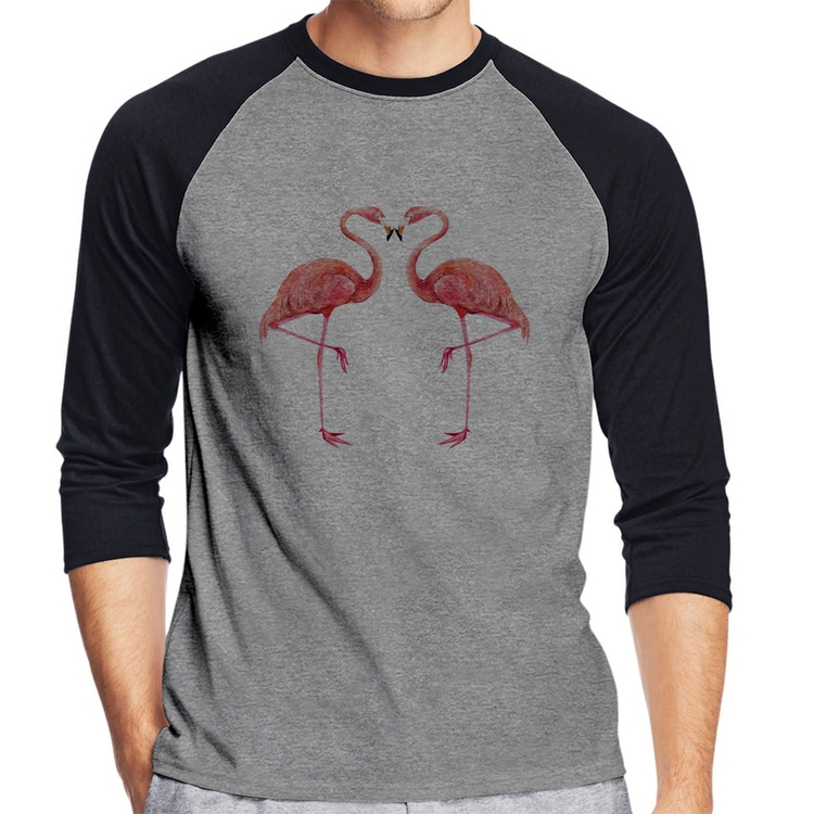 Camiseta Raglan Flamingos coração Manga 3/4 - Cinza/Preto