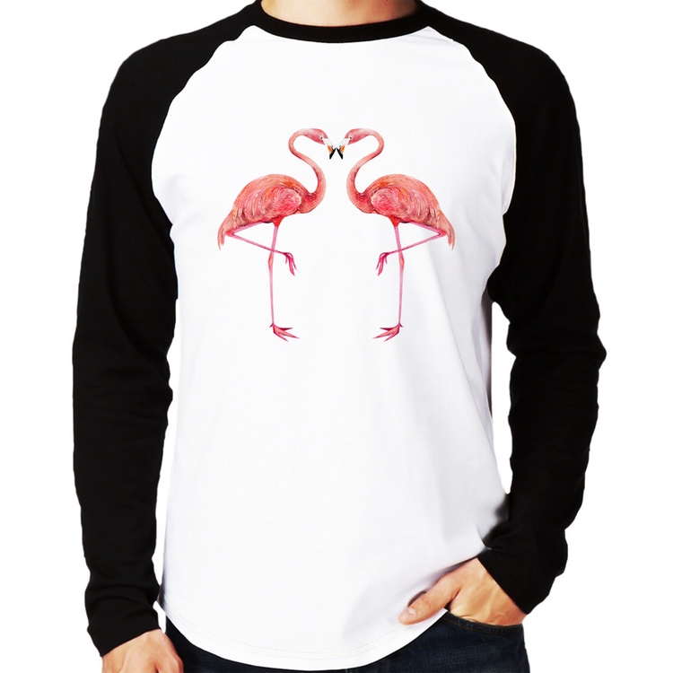 Camiseta Raglan Flamingos coração Manga Longa
