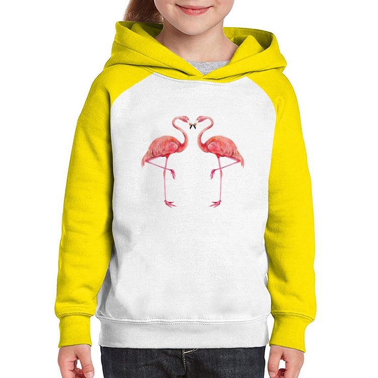 Moletom Infantil Flamingos coração - Branco/Amarelo