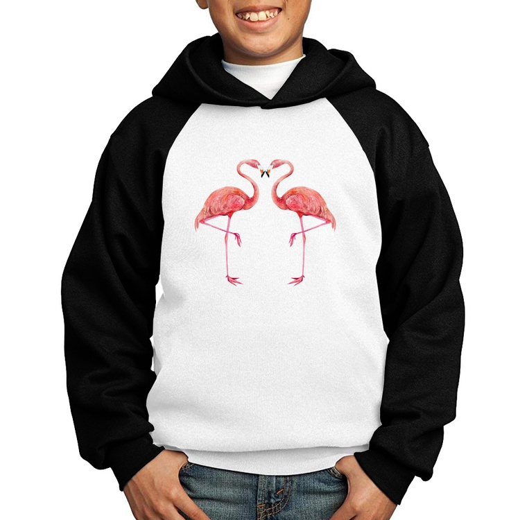 Moletom Infantil Flamingos coração - Branco/Preto