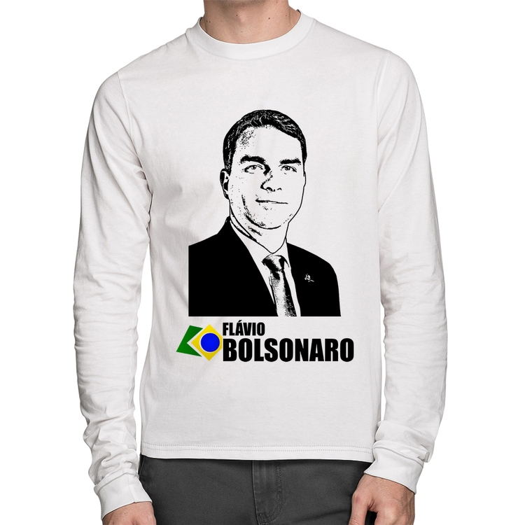 Camiseta Algodão Flávio Bolsonaro 2026 Manga Longa - Branca