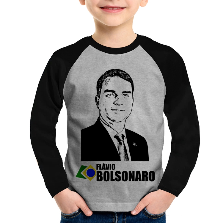 Camiseta Raglan Infantil Flávio Bolsonaro 2026 Manga Longa - Cinza/Preto