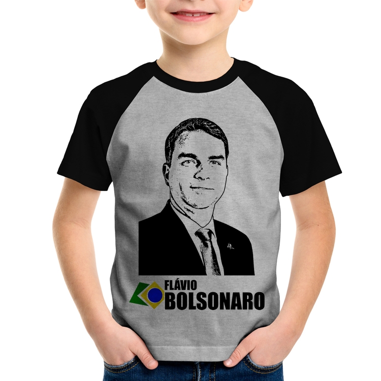 Camiseta Raglan Infantil Flávio Bolsonaro 2026 - Cinza/Preto