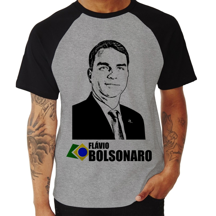 Camiseta Raglan Flávio Bolsonaro 2026 - Cinza/Preto