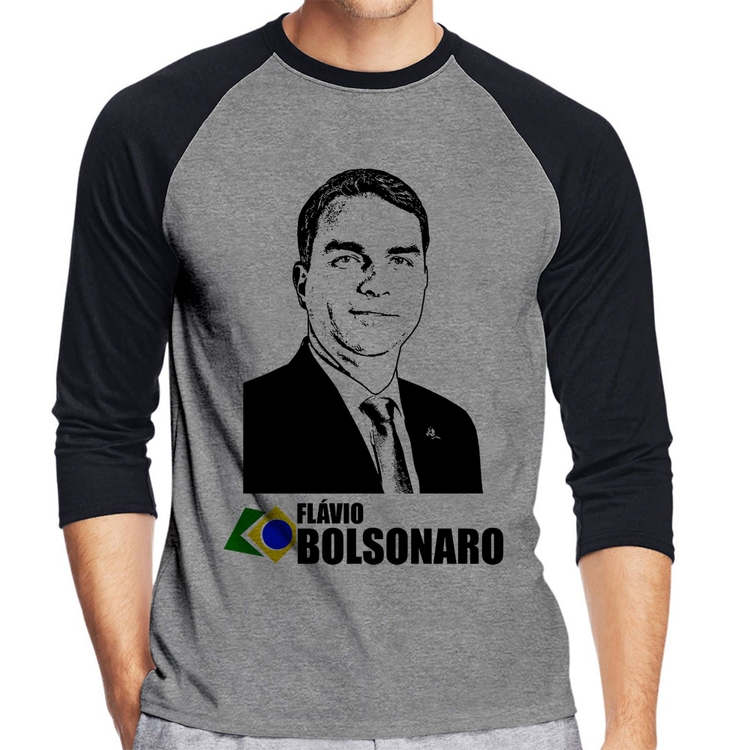 Camiseta Raglan Flávio Bolsonaro 2026 Manga 3/4 - Cinza/Preto