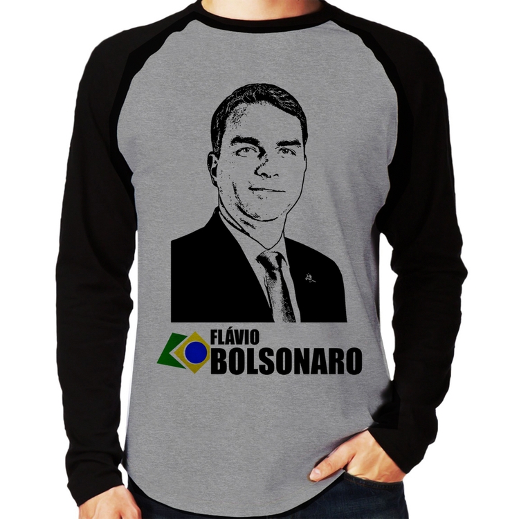 Camiseta Raglan Flávio Bolsonaro 2026 Manga Longa - Cinza/Preto