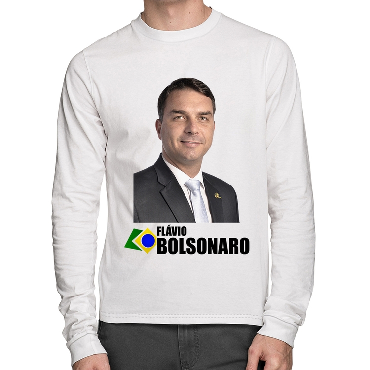 Camiseta Algodão Flávio Bolsonaro Manga Longa - Branca